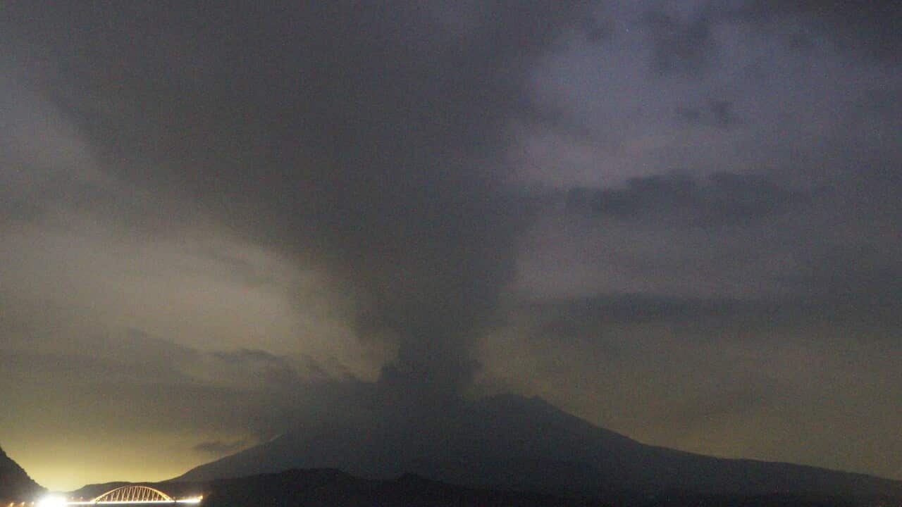A large cloud of smoke over the Sakurajima volcano in Japan.