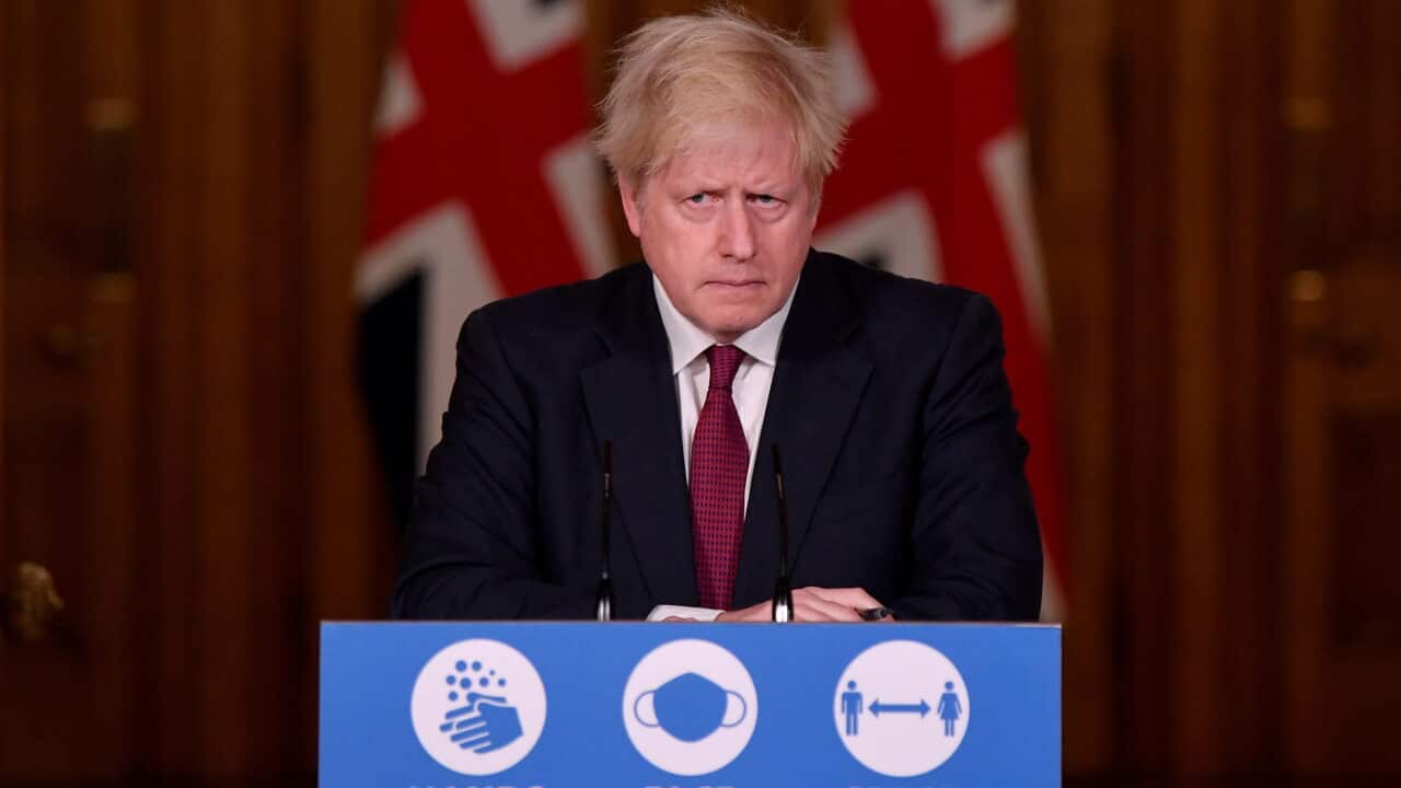 Prime Minister Boris Johnson during a news conference in response to the ongoing situation with the COVID-19 pandemic.