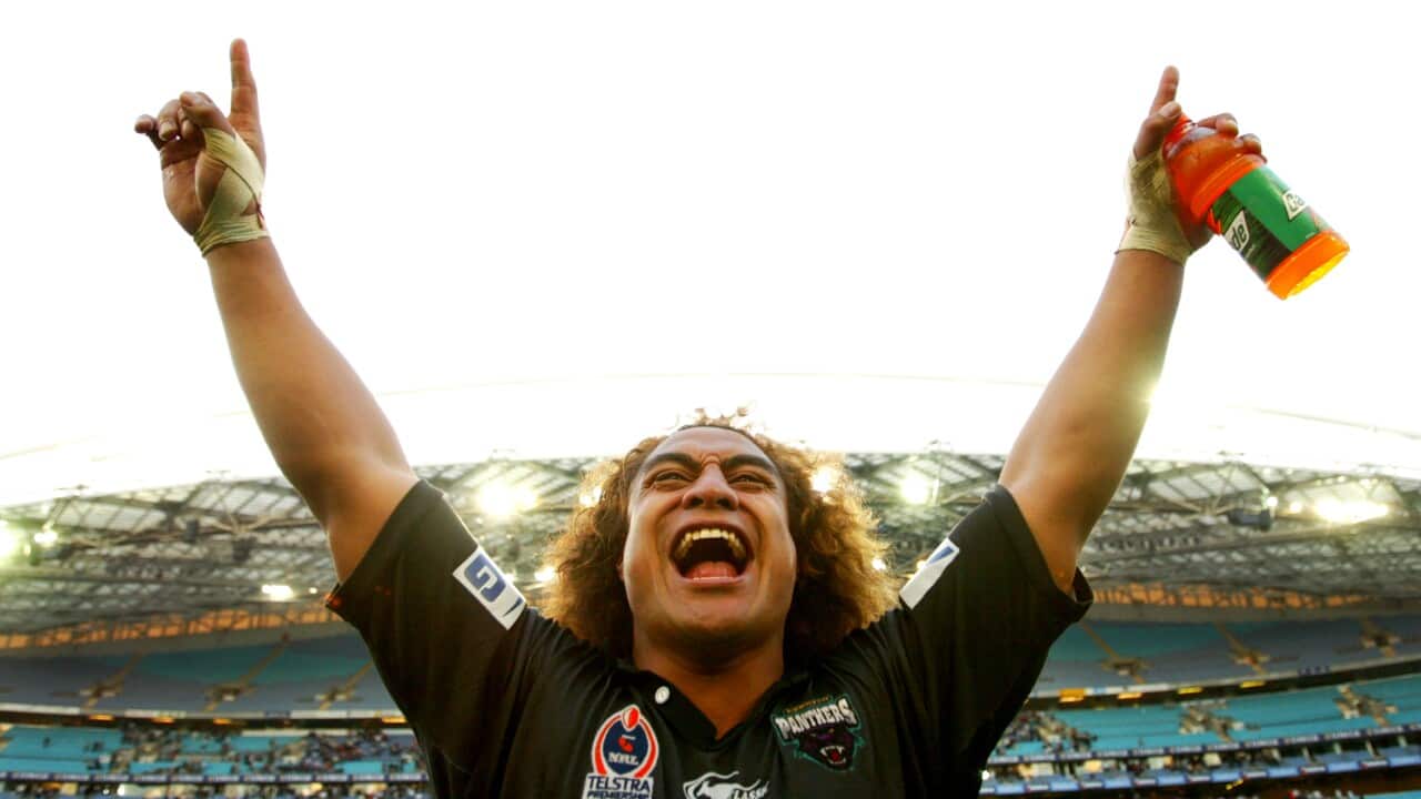 Joe Galuvao of the Panthers celebrates victory
