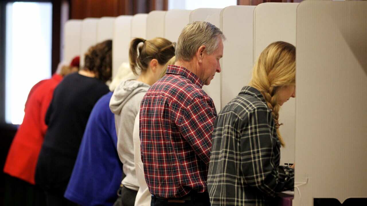 Members of the public are separated by white cardboard partitions at a polling booth.
