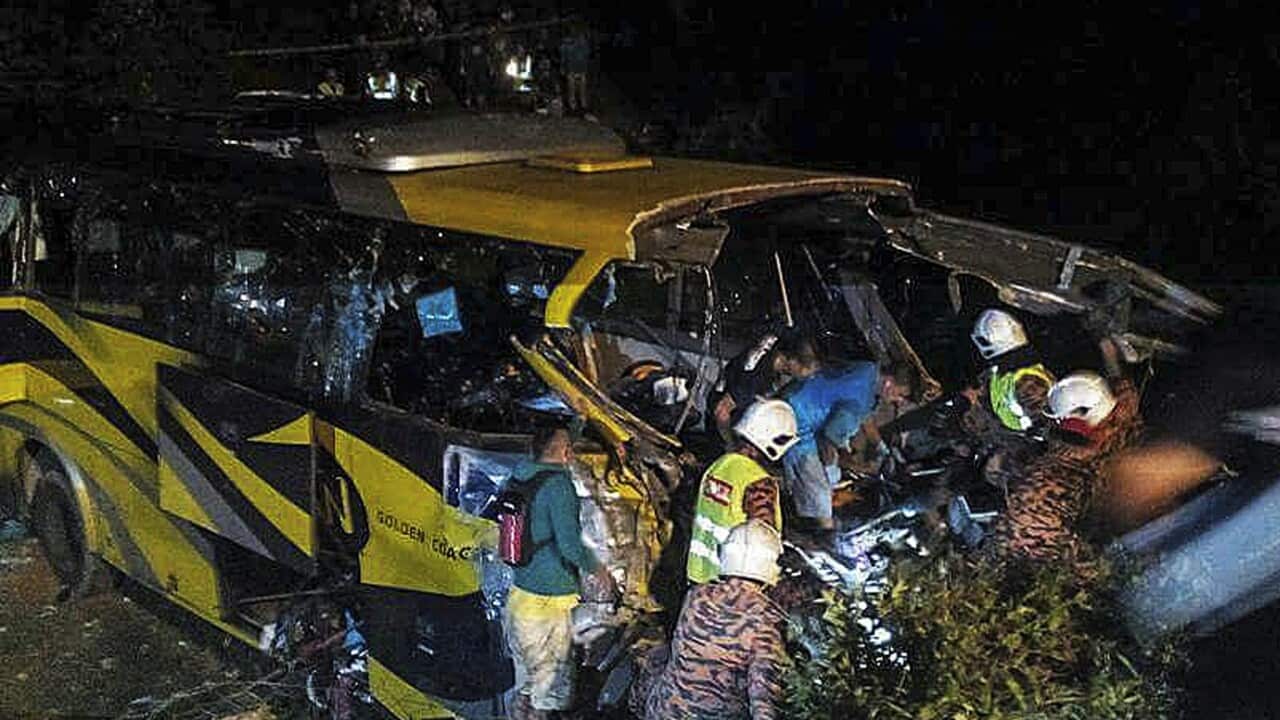Malaysia Fire and Rescue Department photo shows the scene of bus crash that killed 14 people and injured 17 in Muar, Johor, Malaysia