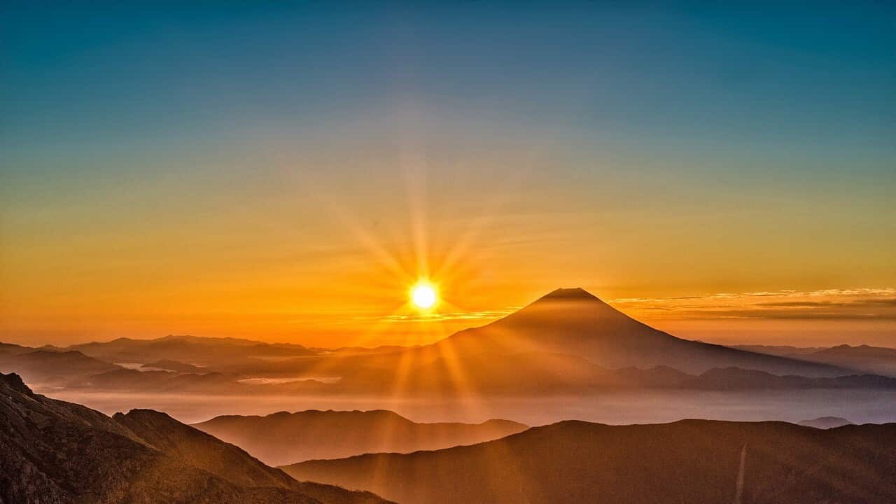 The peaceful view of sun rise at Mount Fuji in Japan – Pixabay.