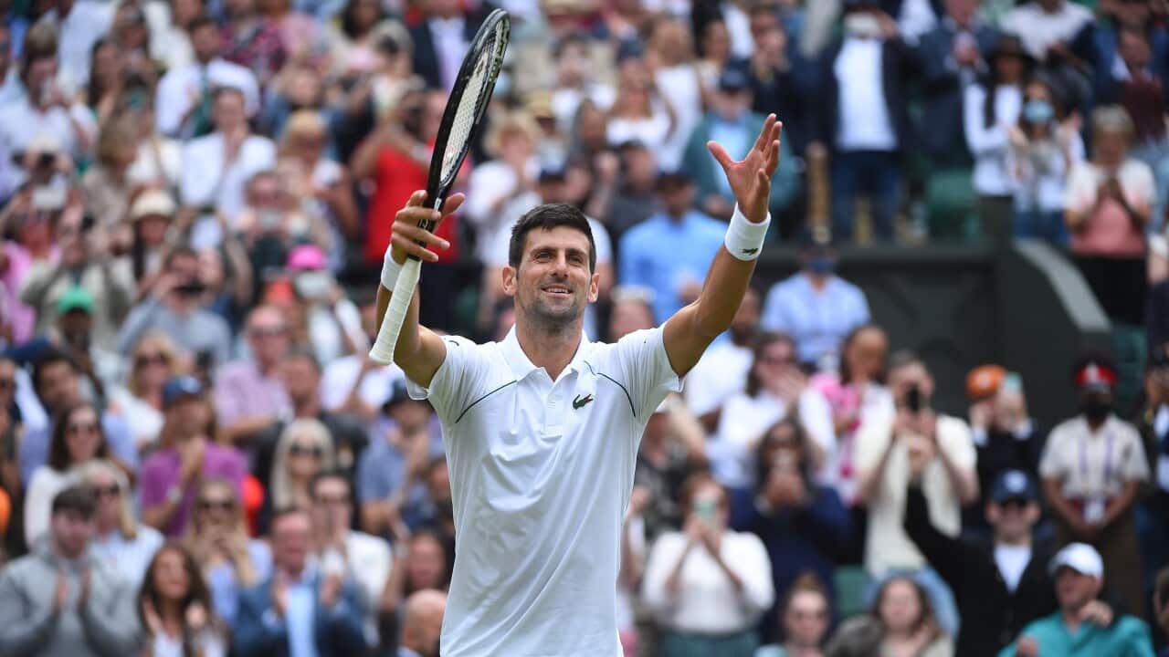 Novak Djokovic (SRB) during his quarter final round match at the 2021 Wimbledon Championships at the AELTC in London, UK on July 7, 2021. Photo by Corinne Dubreuil/ABACAPRESS.COM.