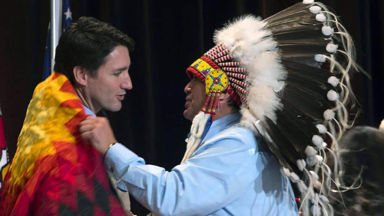 AFN National Chief Perry Bellegarde with Canada's Prime Minister Justin Trudeau at the Assembly of First Nations Special Chiefs Assembly in Gatineau, Quebec.