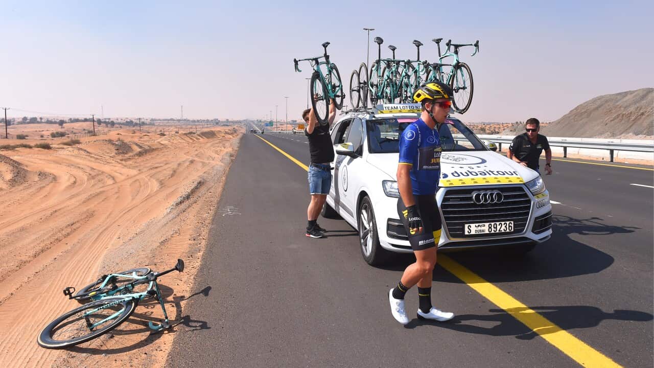 Dylan Groenewegen with a mechnical on stage 3 of the 2018 Dubai Tour
