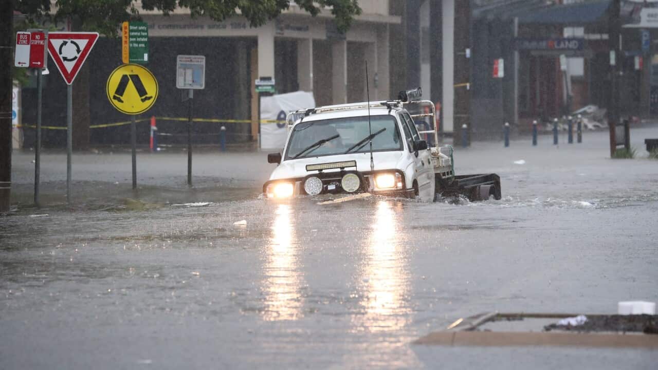 Flooded scenes in Molesworth St, Lismore, NSW, in March