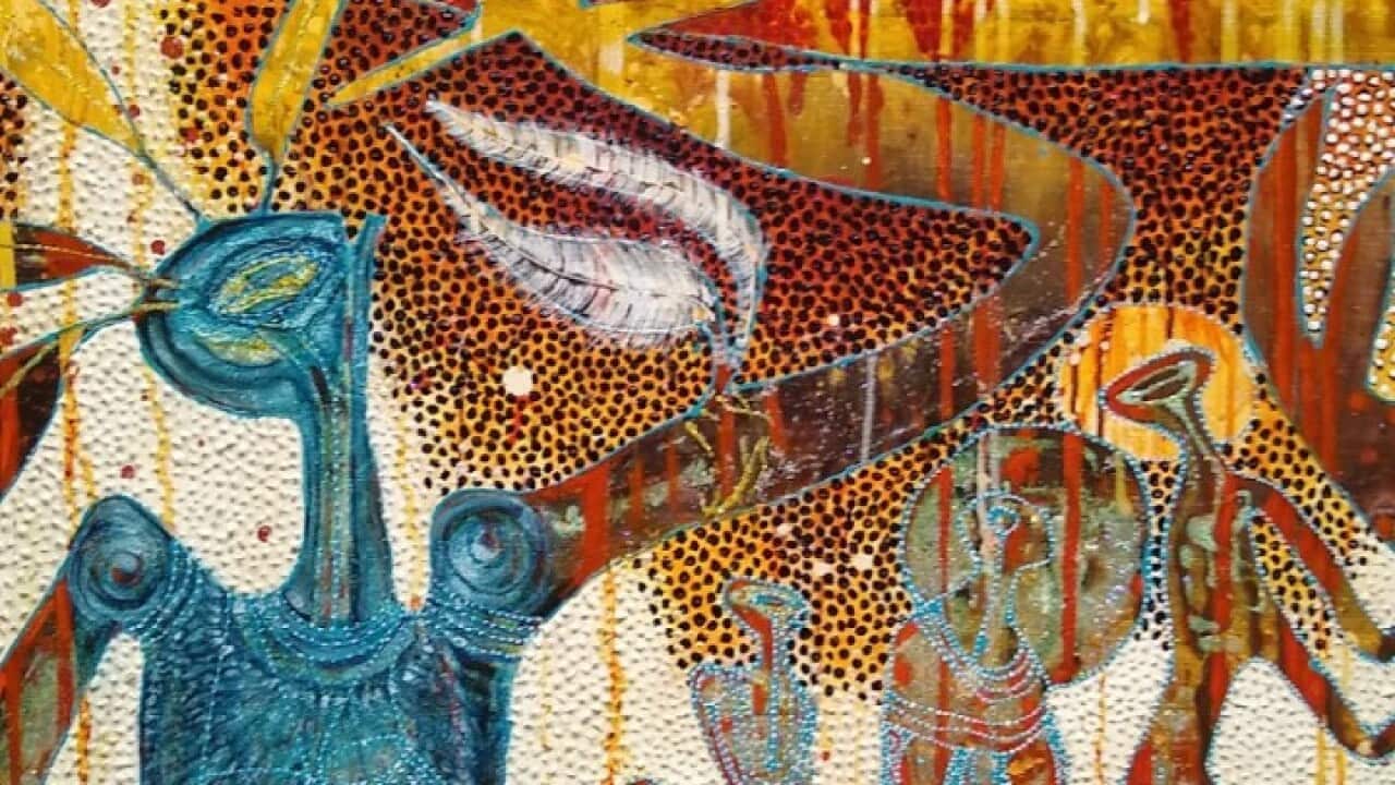 Arone Meeks, 'Thylicine, Quinkan and black cat', 2019, mixed media and acrylic on canvas