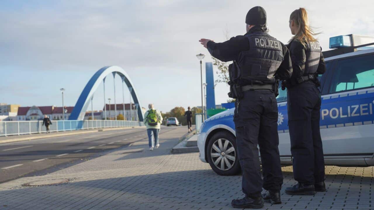 German federal police patrolling at the border bridge connecting Germany and Poland.