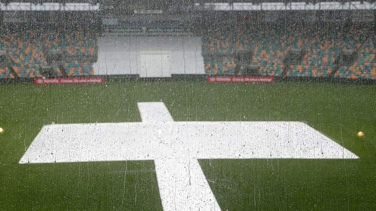 Covers are on and little play looks possible at Bellerive Oval