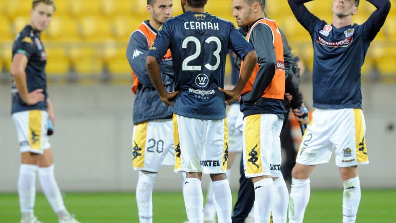 The Central Coast Mariners react after a goal