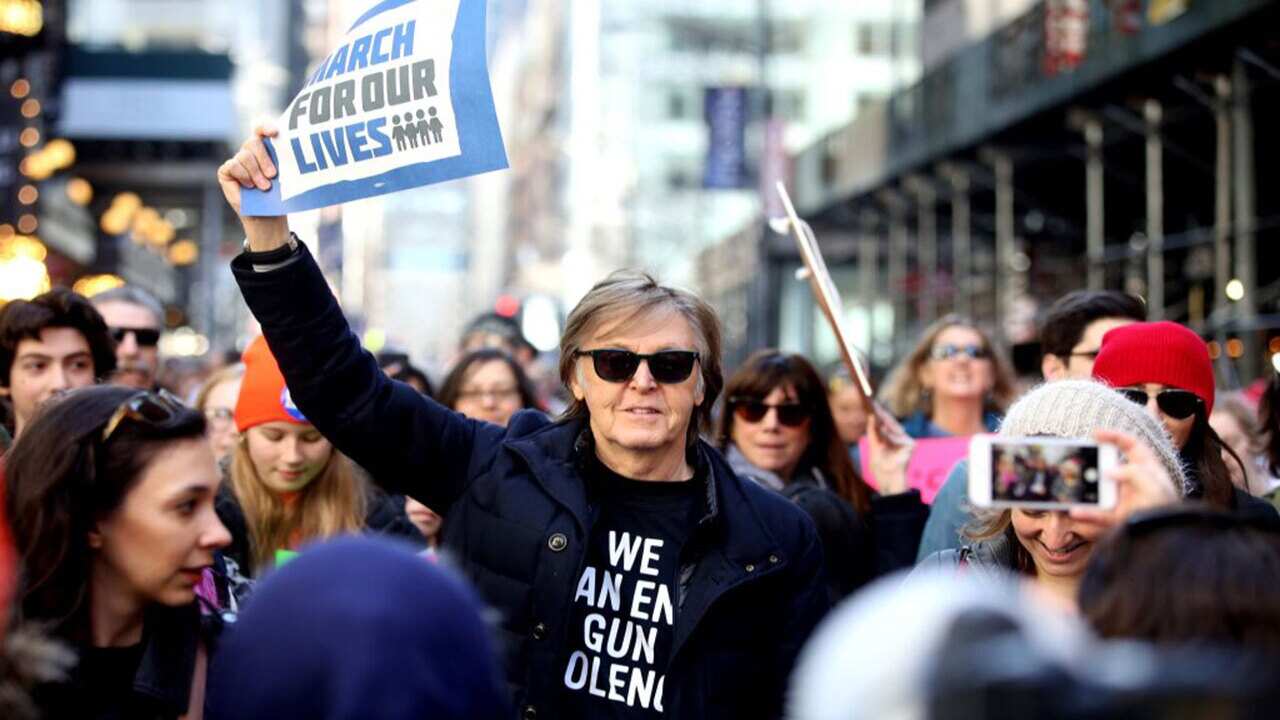 Paul McCartney (C) attends the 'March For Our Lives' protest against gun violence in the country on March 24, 2018 in New York, United States.