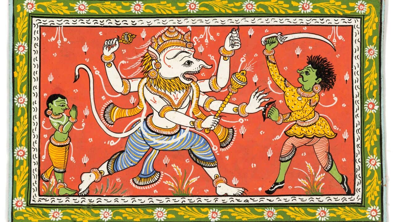 Narasimha Fighting Hiranyakashipu the Demon King early 20th century. Odisha, India