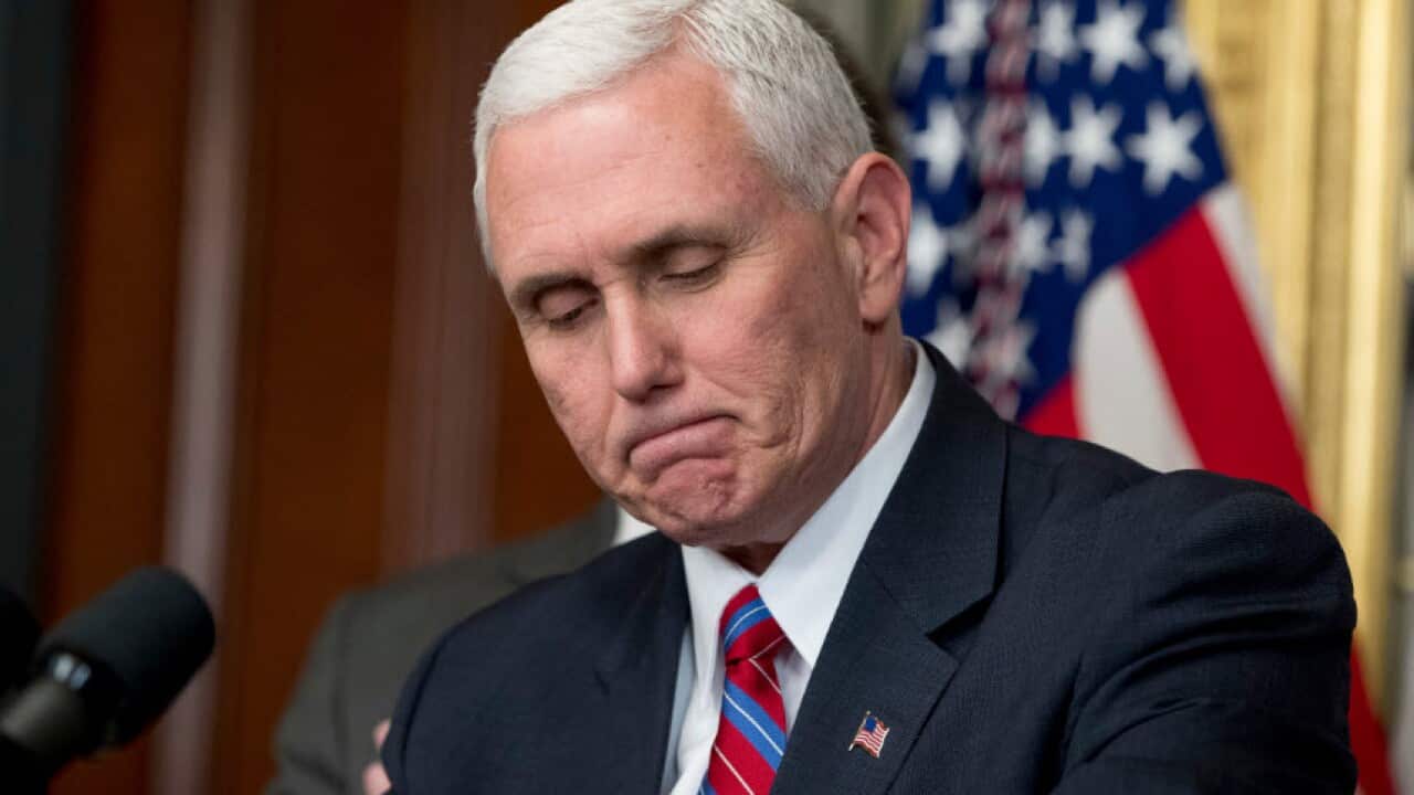 File image of Vice President Mike Pence speaking before administering the oath of office.