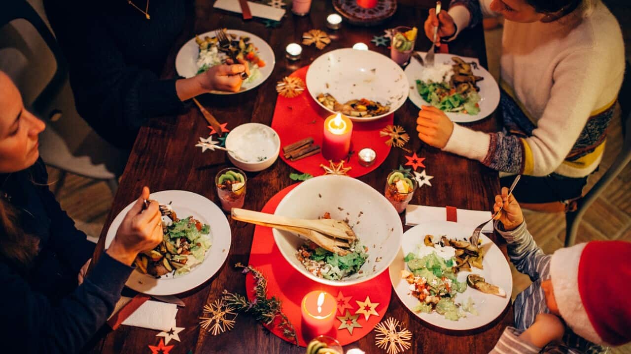 Family eating Christmas dinner