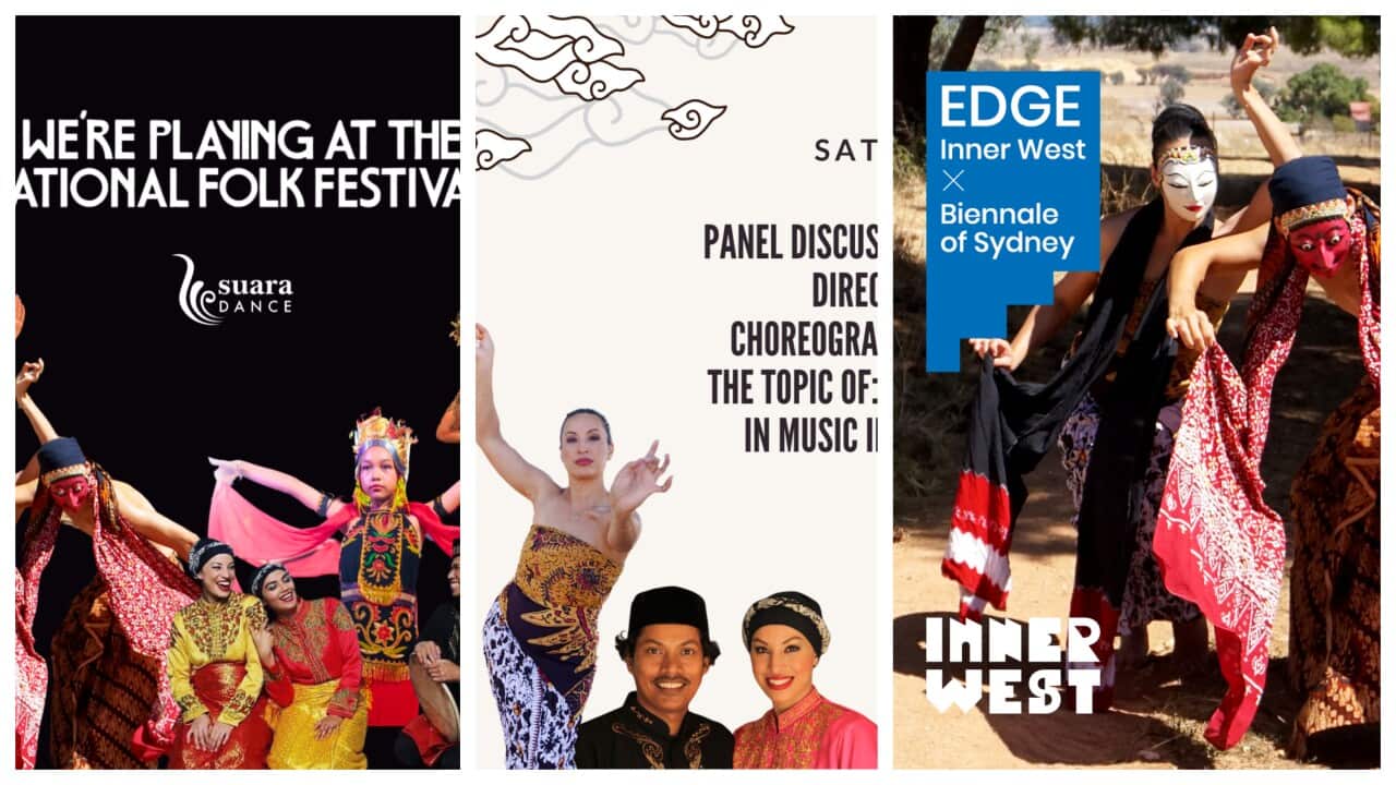 For National Folk Festival, photo design by Danielle Mariner, photos stock Suara Indonesia Dance. For Biennale, photo design by Astrid Jayengsare , Cowra Festival 2022. Murtala & Alfira O’Sullivan - middle picture.