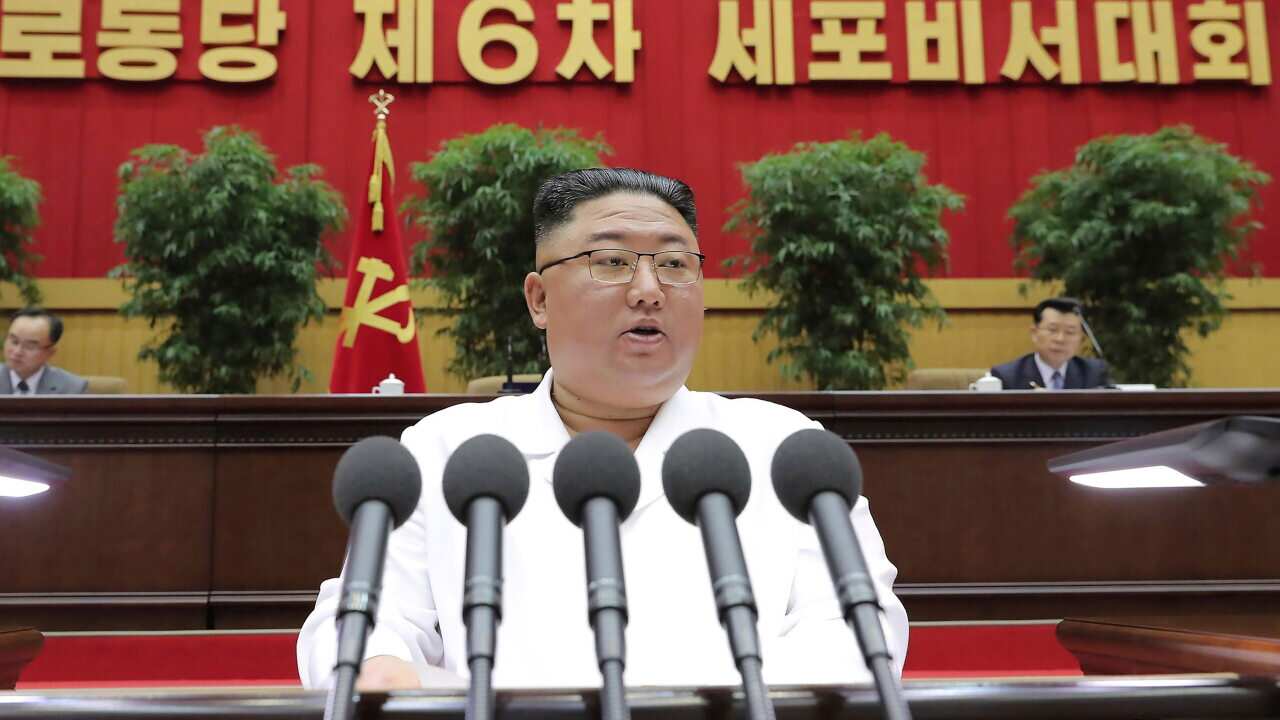 North Korean leader Kim Jong-un is seen speaking at a conference in early April.