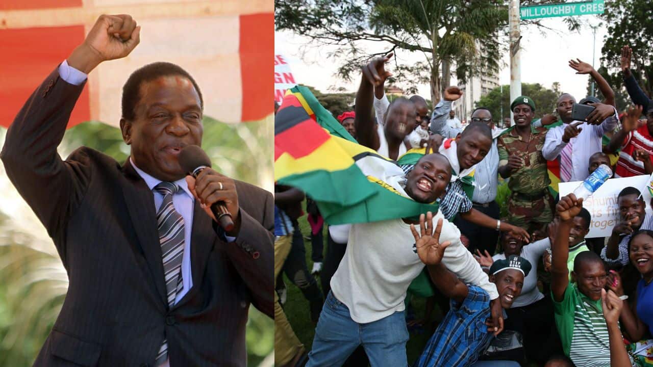 Emmerson Mnangagwa, and celebrations on the streets of Zimbabwe at Robert Mugabe's resignation as president.