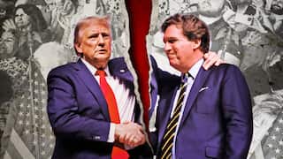 A stylised image showing Trump and Tucker Carlson shaking hands, with a ripped paper effect between the two men.