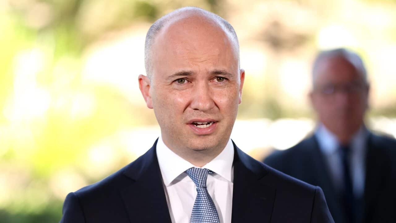 NSW Treasurer Matt Kean speaks during a press conference in Sydney, Monday, January 17, 2022. NSW has reported 29,504 new COVID-19 cases and a further 17 virus-related deaths. (AAP Image/Brendon Thorne) NO ARCHIVING