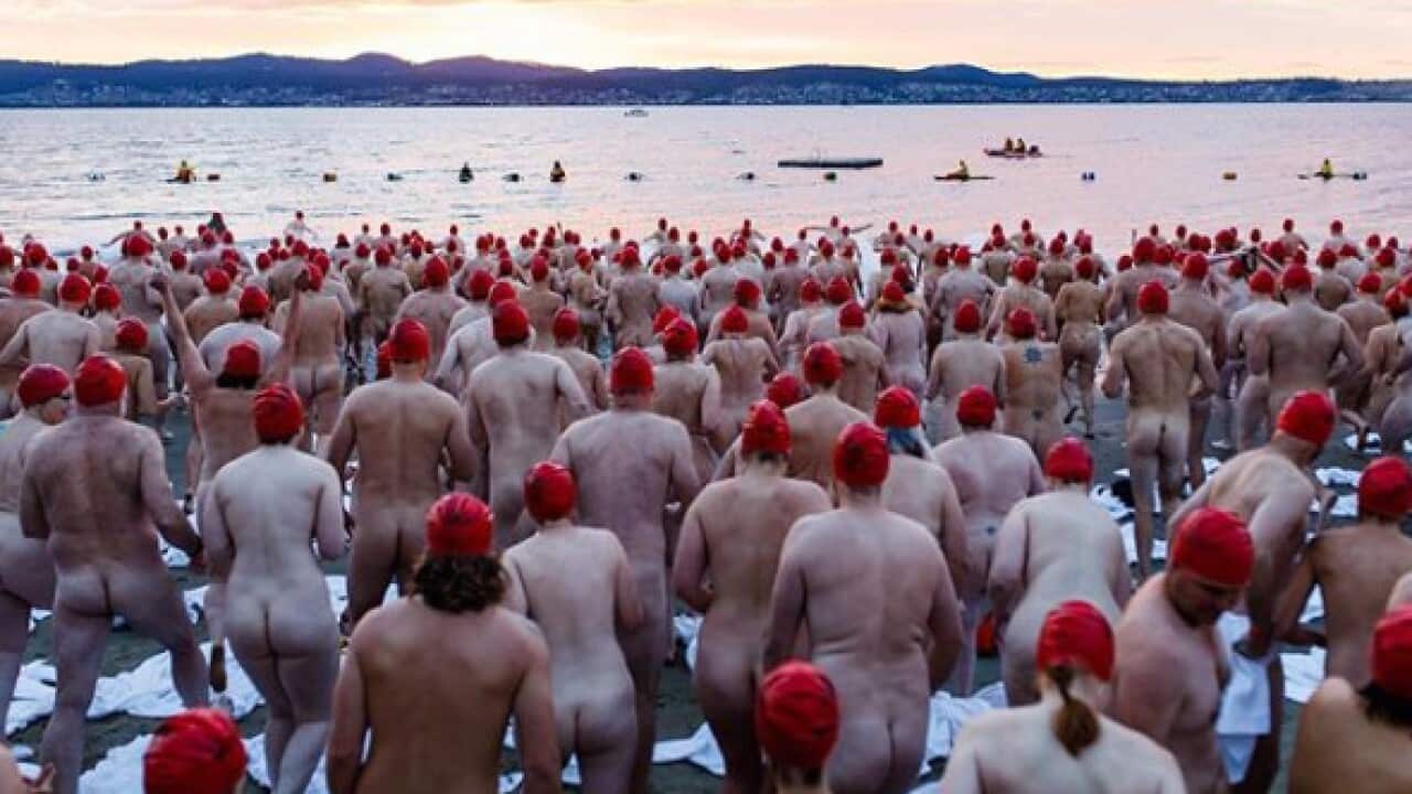 Swimmers who took an icy dip in the River Derwent.