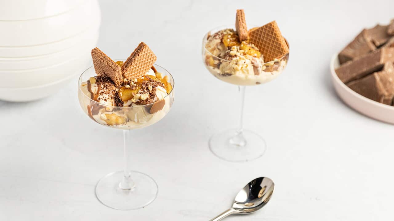 Ultimate chocolate sundaes, served in stemmed glasses