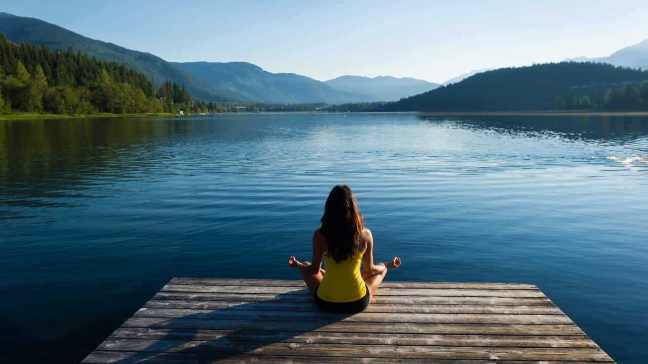 Easy Pose Tranquil Lakeside meditation at sunrise