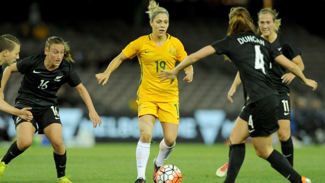 Katrina Gorry of the Matildas controls the ball during game two of the International friendly match between Matildas and New Zealand at Etihad stadium