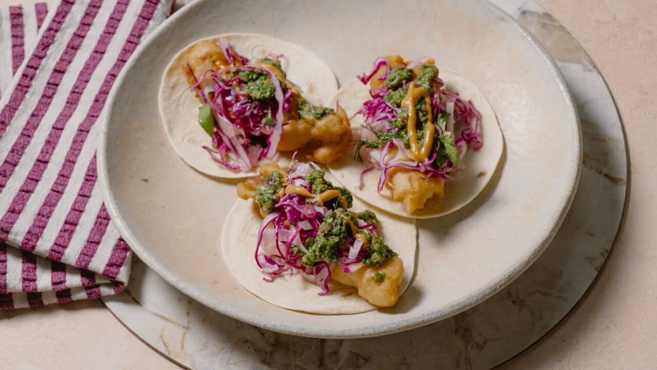 Spicy beer battered fish tacos with zingy slaw