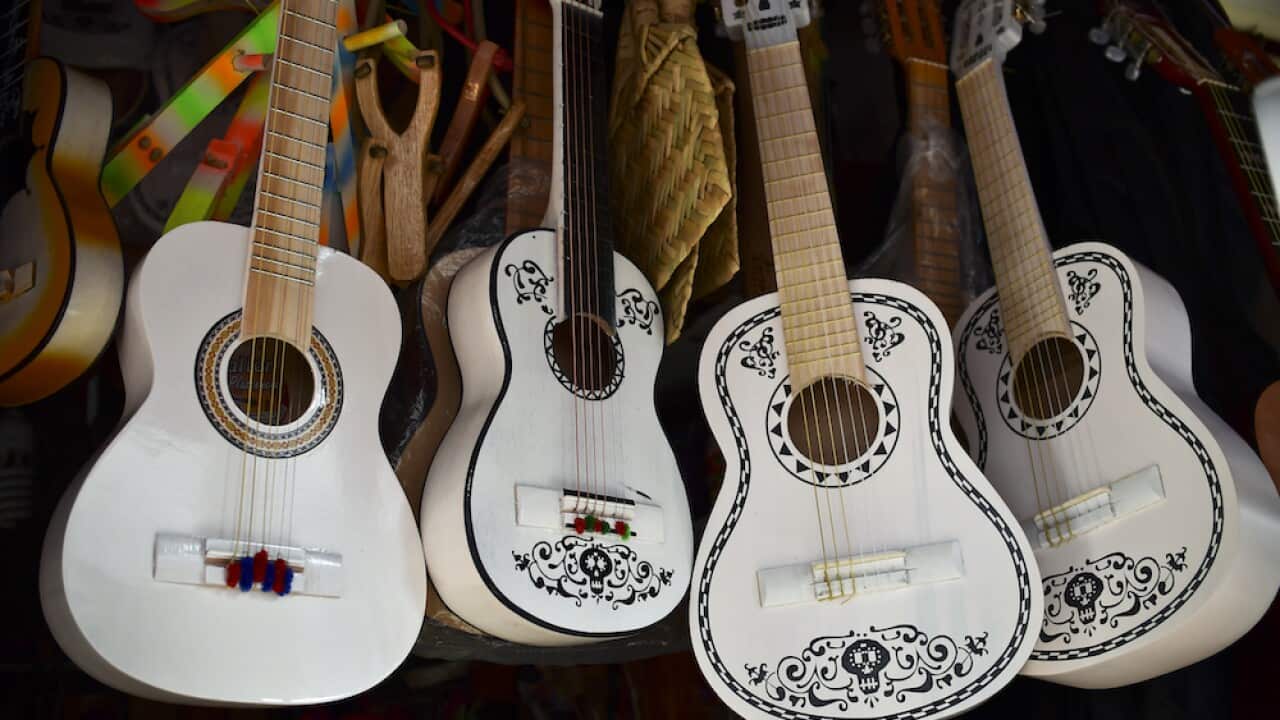 Replica guitars from "Coco" the movie are pictured at a store, in Paracho, Michoacan state.