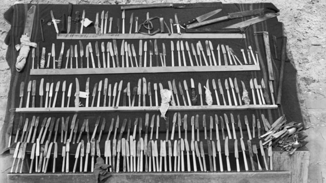 Improvised weapons found in and around B compound of the Cowra Prisoner of War camp immediately after the mass escape.