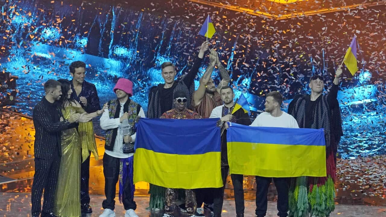 Kalush Orchestra from Ukraine celebrate after winning the Grand Final of the Eurovision Song Contest.