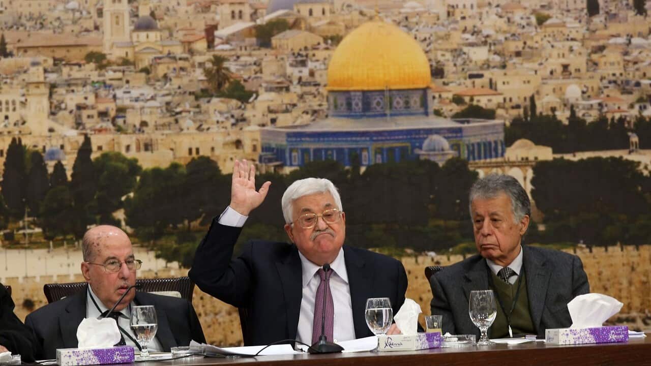 Palestinian resident Mahmoud Abbas (centre), attends a meeting of the Palestine Liberation Organisation (PLO) Central Council.