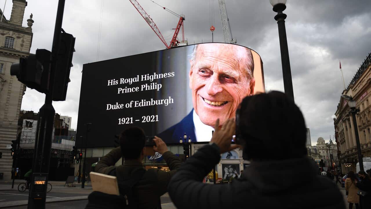 A giant picture of Britain's Prince Philip, Duke of Edinburgh is on display in Piccadilly Circus following his passing, in London, Britain, 9 April 2021.