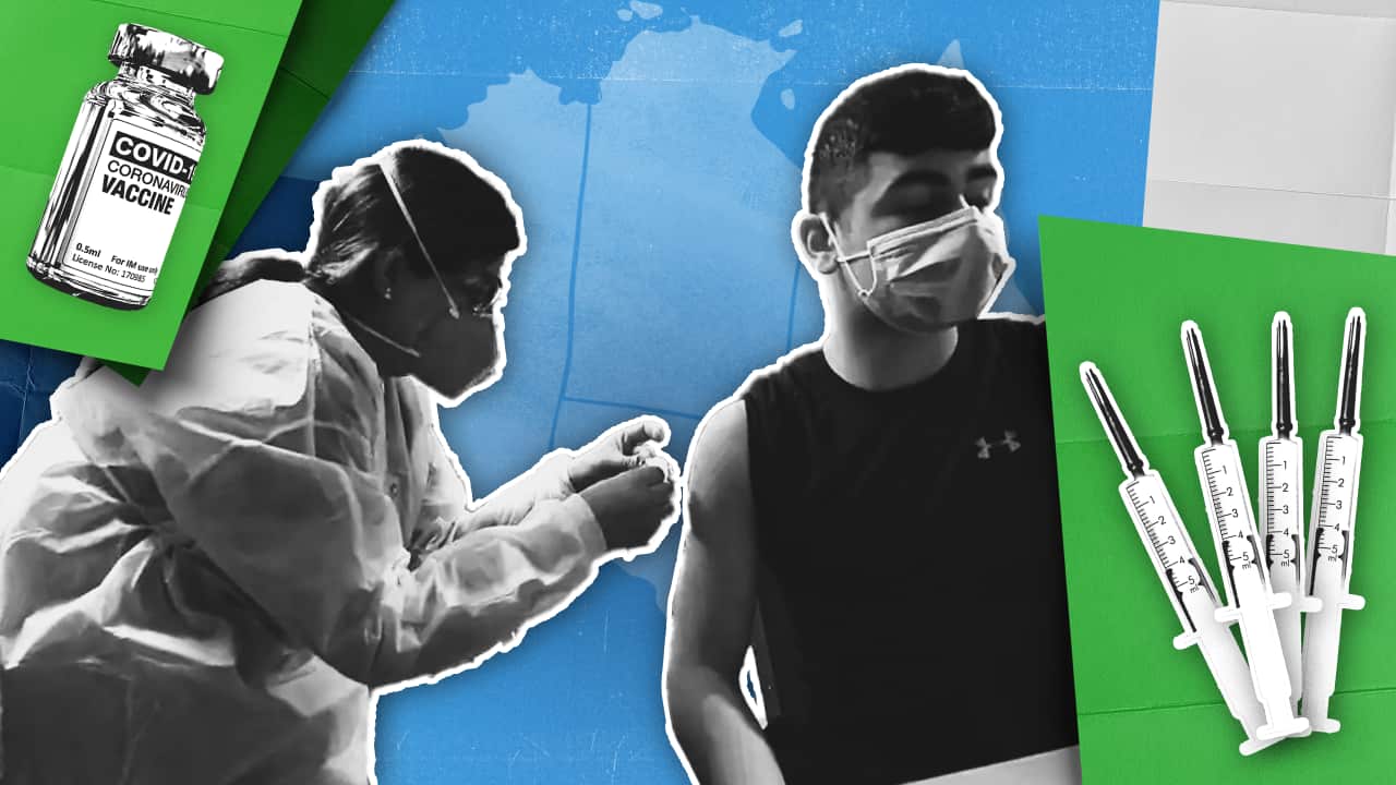 Composite image of a COVID-19 vaccine vial, healthcare worker administering a jab to a man and syringes.