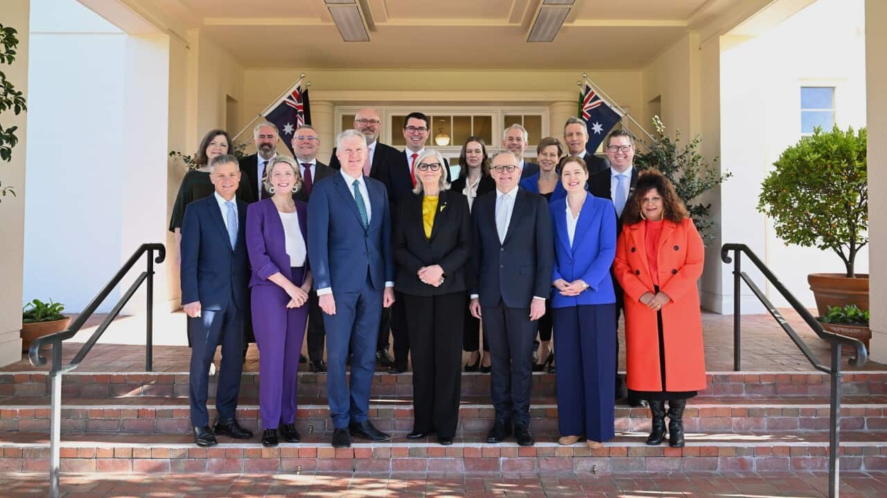 Australian Governor-General Sam Mostyn and Anthony Albanese pose with new members of the Federal ministry (AAP)