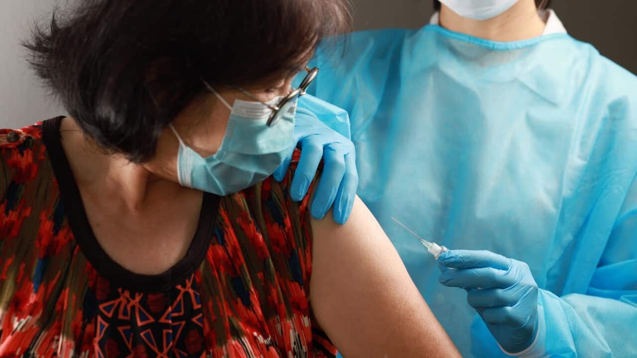 Syringe needle and vaccine in the hands of a nurse. Preparation of coronavirus vaccine for senior