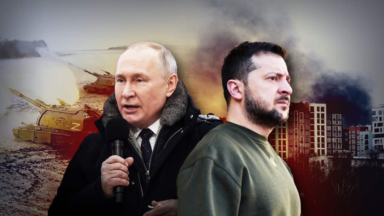 A digital graphic showing two men in the foreground, with tanks and a city in the background.