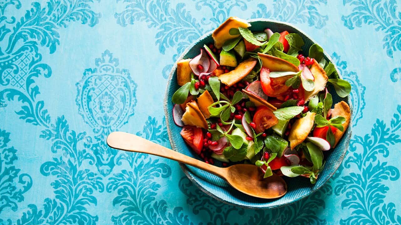 Fattoush salad with purslane and radish with homemade flatbread