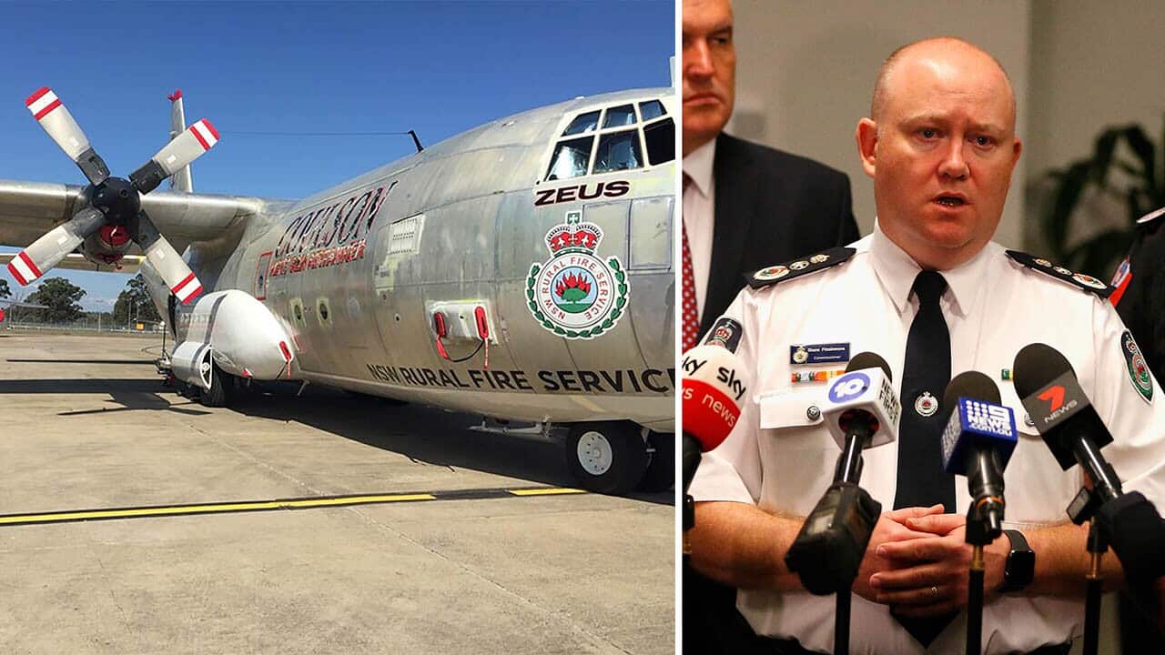 NSW Rural Fire Service Commissioner Shane Fitzsimmons and (left) Zeus the C-130 firebomber. 