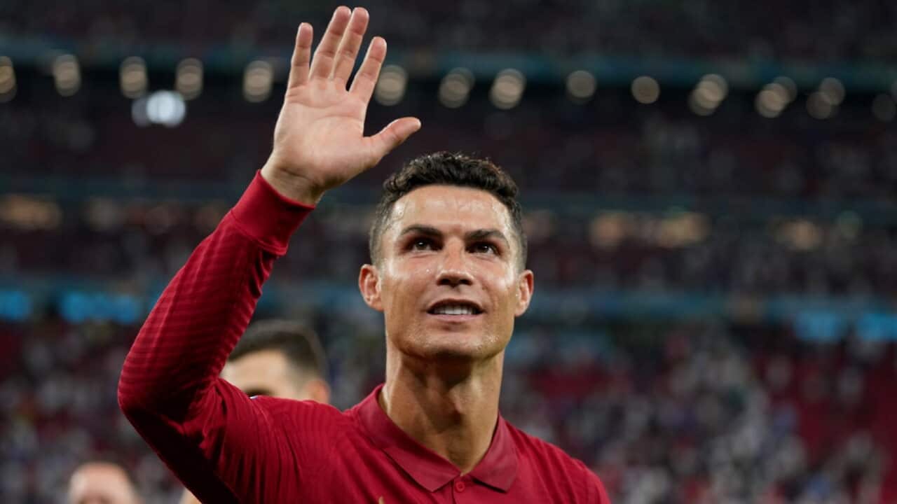 Cristiano Ronaldo waves to the crowd after a Portugal match