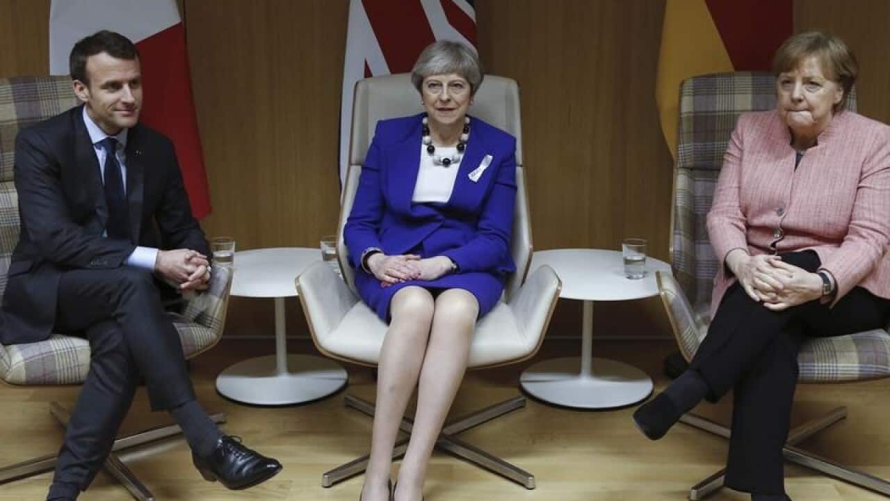 Emmanuel Macron, Theresa May and Angela Merkel