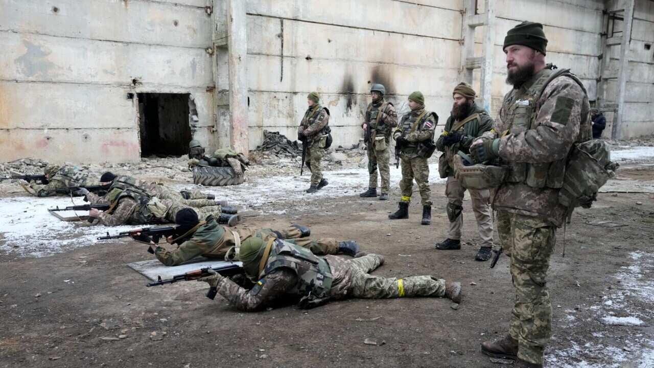 Belarusian volunteers receive military training at the Belarusian Company base in Kyiv, Ukraine, Tuesday, March 8, 2022.