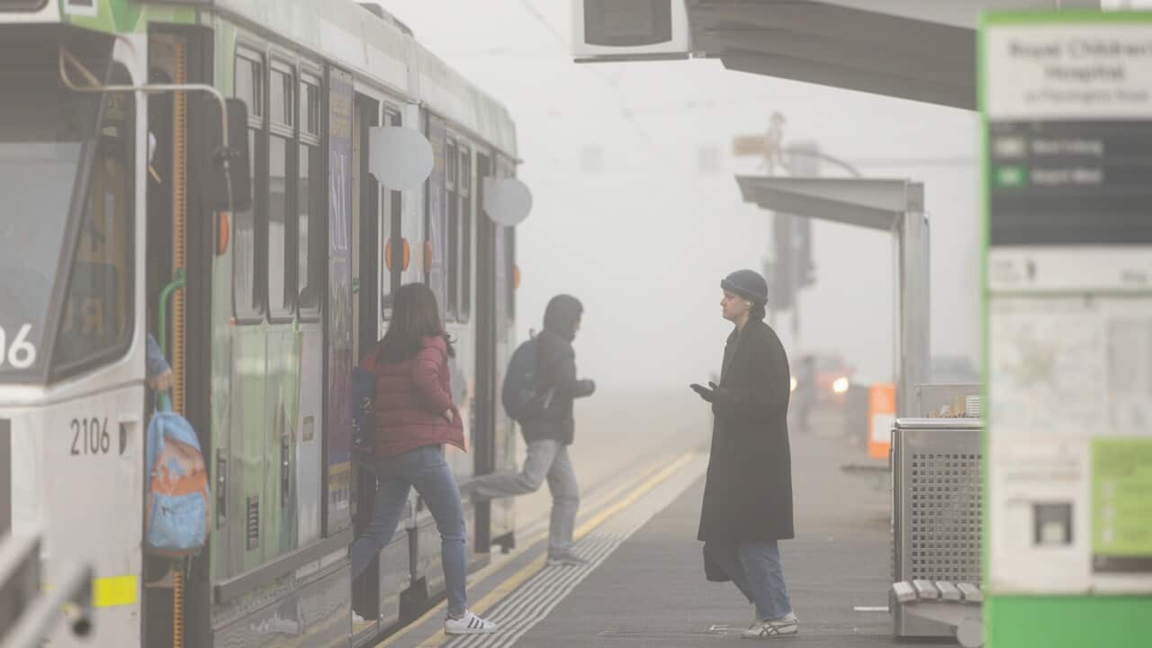 Fog shrouds Flemington Road as commuters wait at a tram stop in Melbourne.