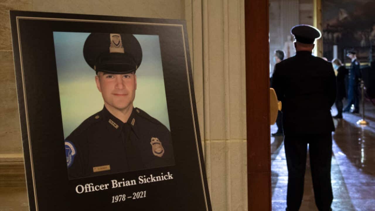 An image of the late US Capitol Police officer Brian Sicknick is on display at the US Capitol in Washington DC, 2 February, 2021.