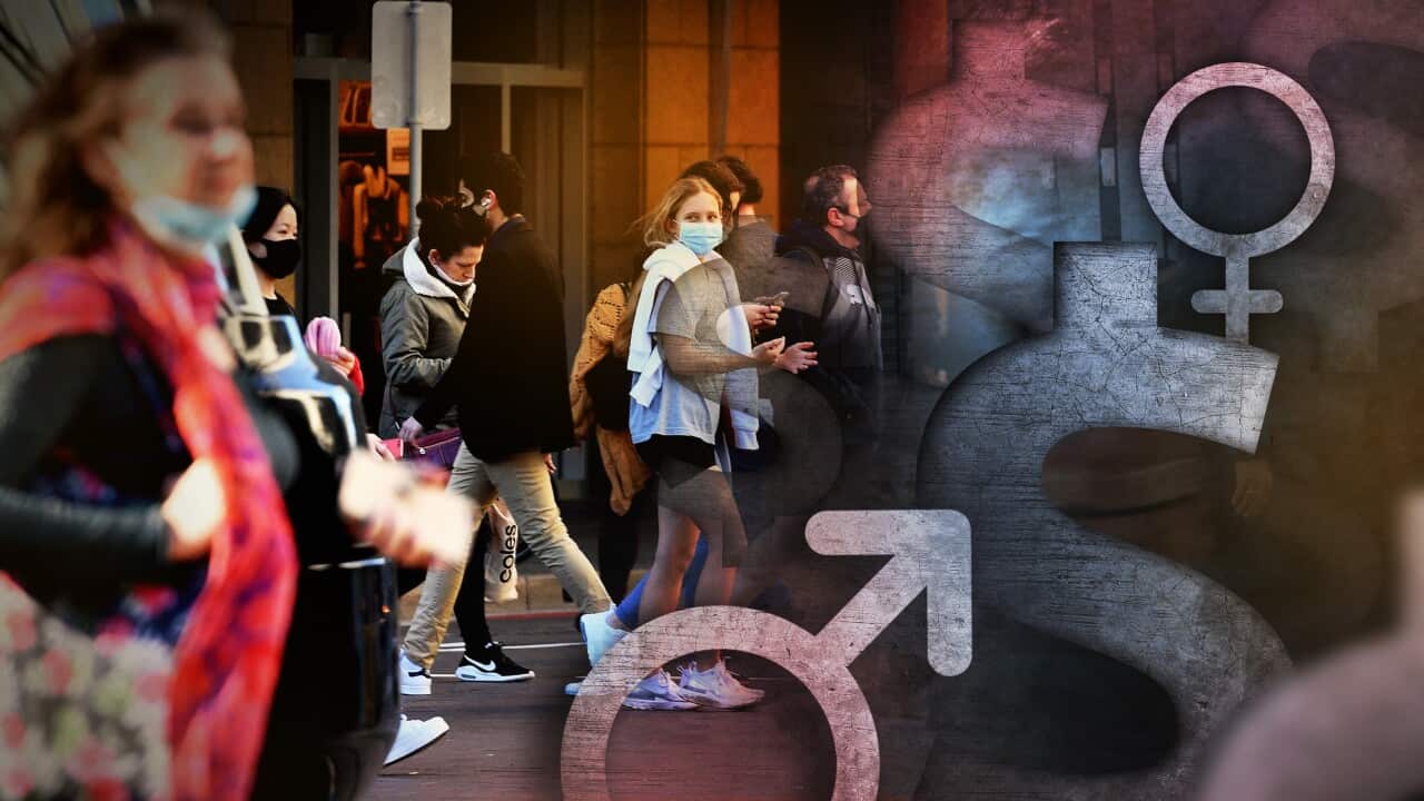 A digital graphic featuring people walking along a street, and an overlay showing the male and female gender symbols and a dollar sign.