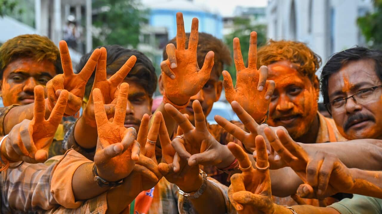BJP Workers In Kolkata Celebrate Party's Win In West Bengal Assembly Elections