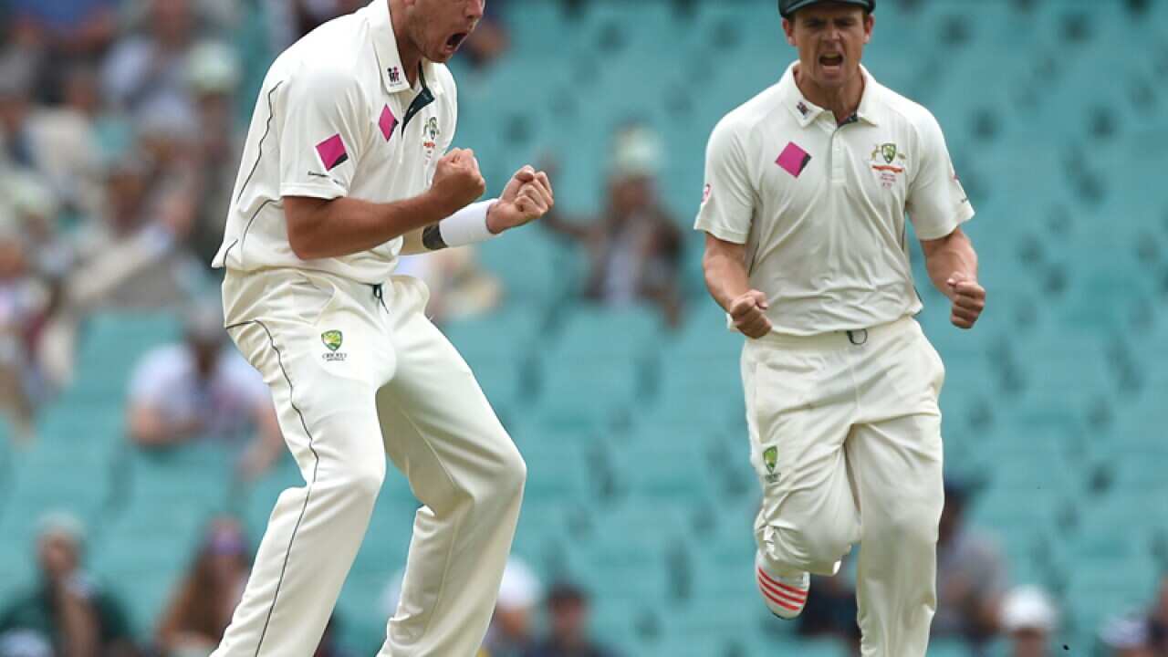 Australian bowler James Pattinson (L) celebrates