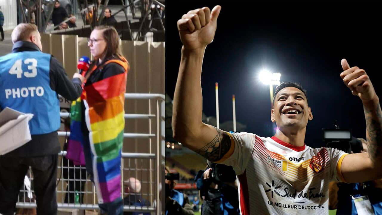 Castleford fan Alison Grey says she was told to take down a LGBTQI+ rainbow flag during Israel Folau’s Super League debut.