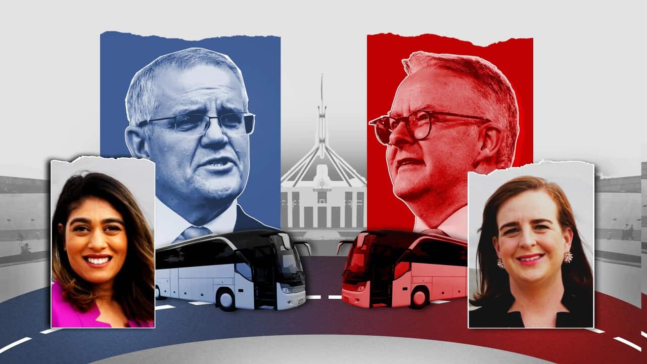 A headshot of political reporters Shuba Krishnan and Anna Henderson with the campaign buses of the major party in the background.