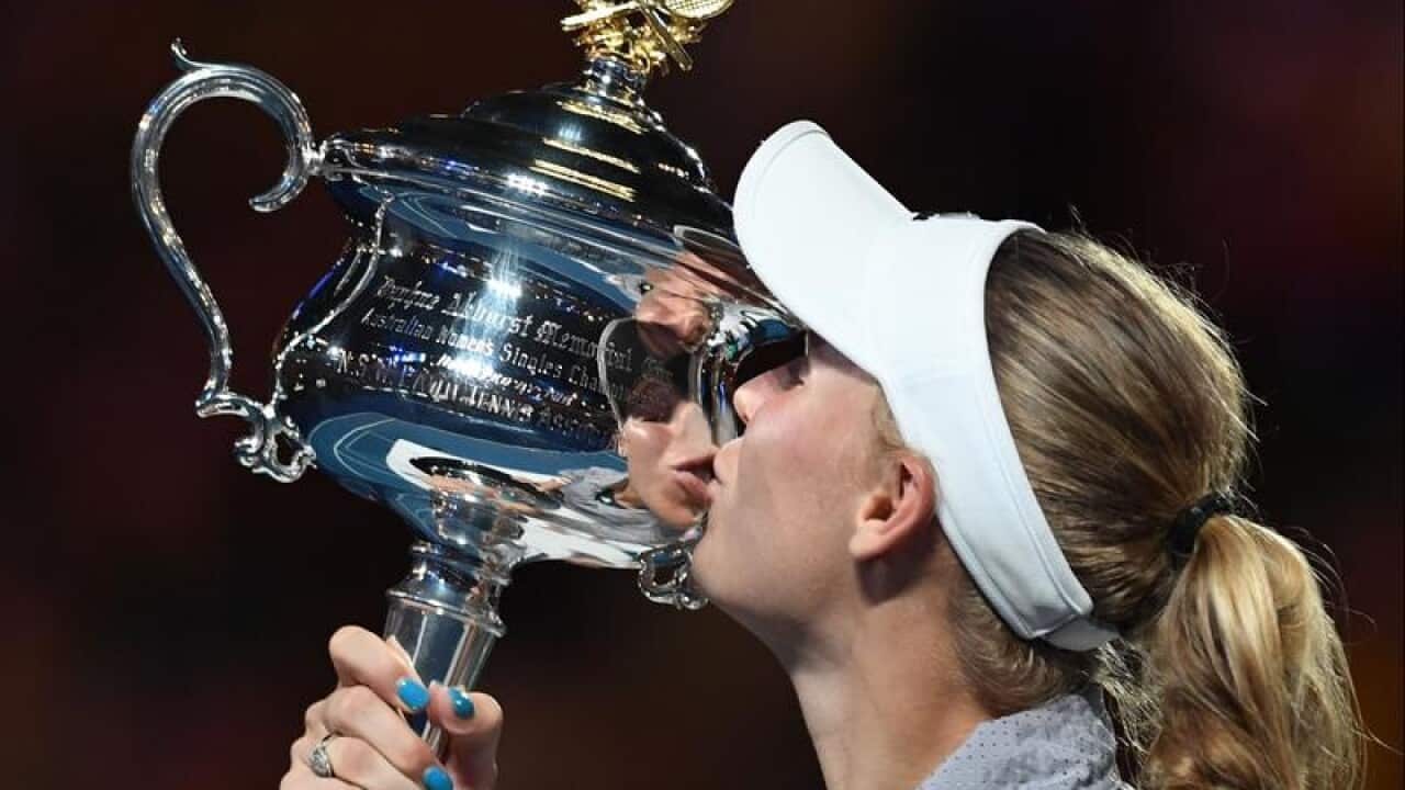Caroline Wozniacki of Denmark celebrates her win